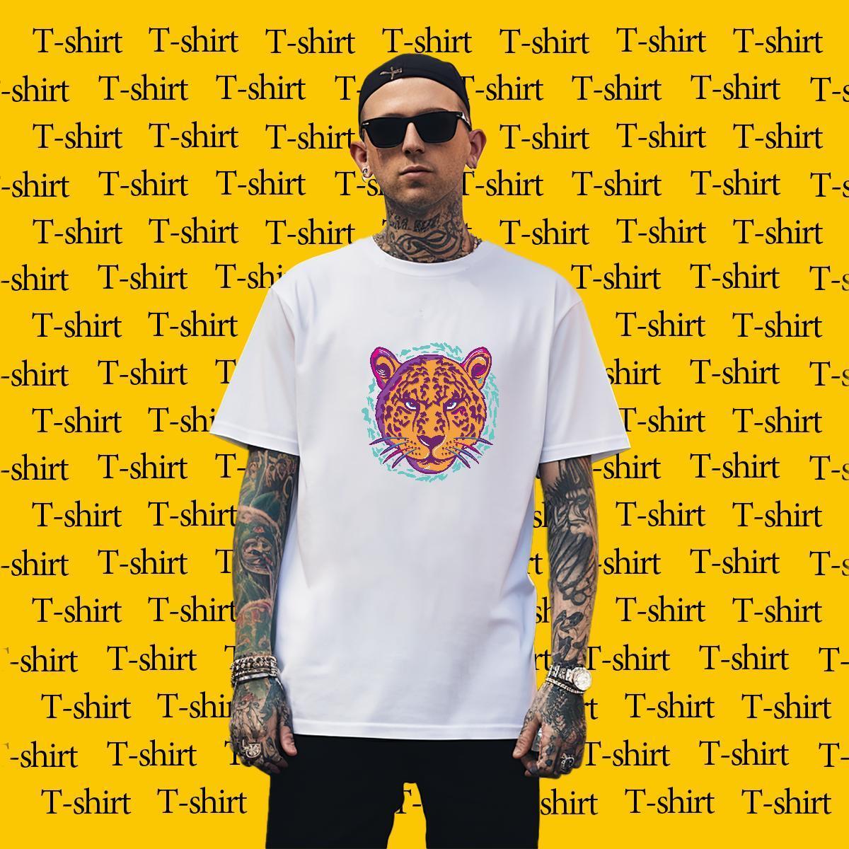 Unisex Men Clothes T-Shirt 230g Pure Cotton leopard T-Shirts Daily Wear Breathable Short Sleeve Black Oversized Customized Tops