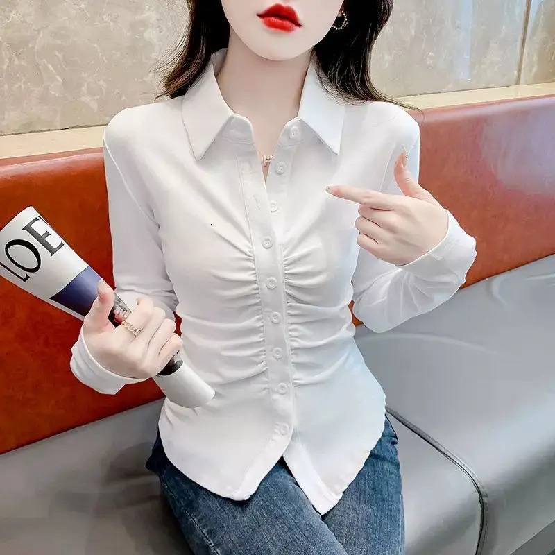 Fashion Lapel Solid Color Button Folds Shirts Womens Clothing Autumn Winter Loose Elegant Tops Office Lady Blouses 240806