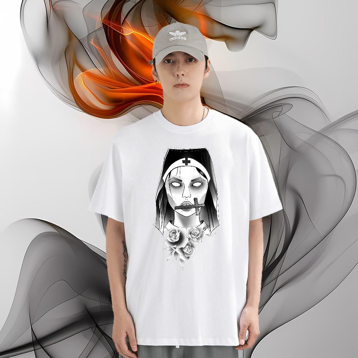 Man T Shirts 100% Cotton 230g nun Anime Printing Street Breathable Crew Neck DIY Logo Oversized Men Tops Tees Fashion Design Free Shipping Tees Shirts