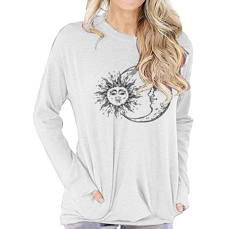 Vintage Sun Moon Graphic T-Shirt Long Sleeve Women Clothing Fashion Street Style Round Neck Tops Tee Funny Sun Moon Women Tshirt 240806