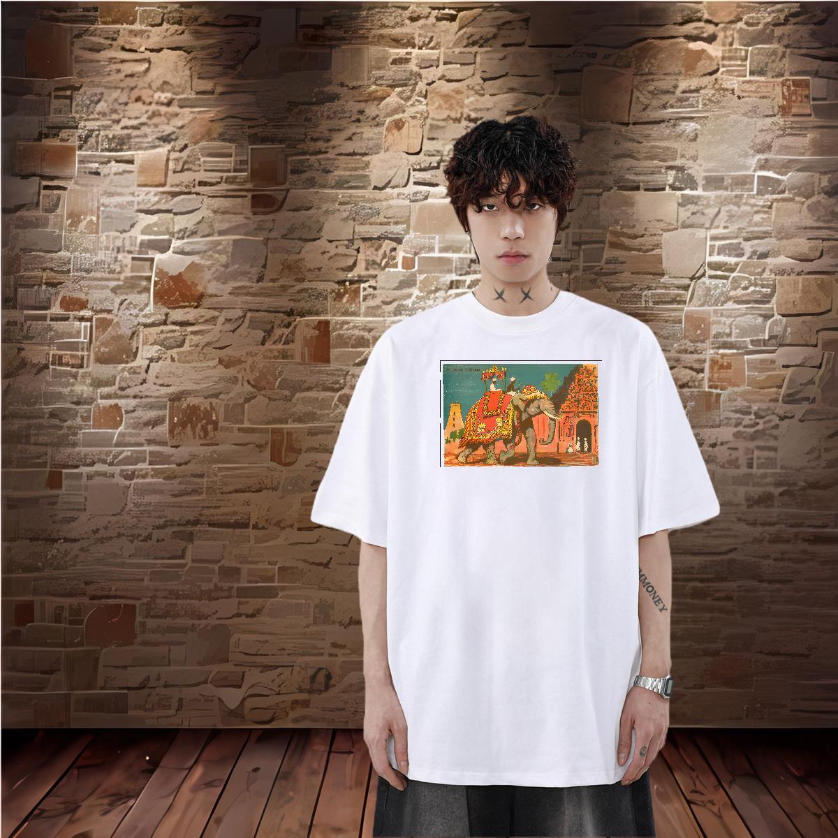 Custom T-Shirts for Men 100% Cotton 230g Elephant High Street Hip Hop Clothes Short Sleeve Soft Loose Fit Mens Tshirts Black White