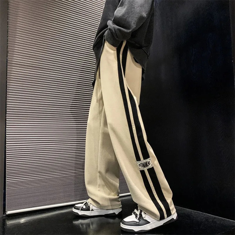 Side Striped Corduroy WideLeg Pant Men Korean Fashion Hip Hop Cargo Loose Casual Straight Sports Outdoor Running 240806