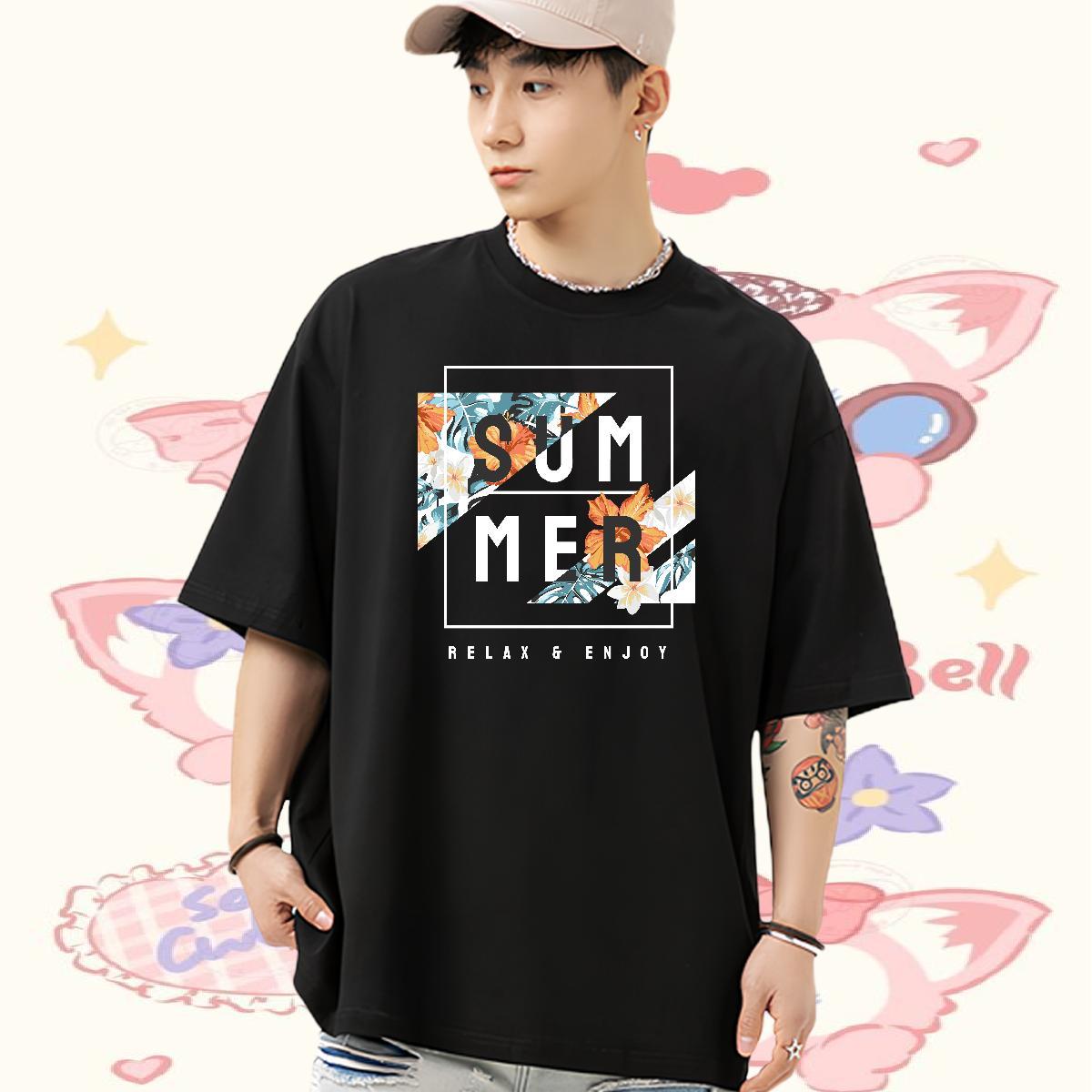 DIY Customized T-Shirts for Men 100% Cotton 230g flower High Street Hip Hop Tops Shirt Crew Neck Breathable Soft Men Tees Floral Print