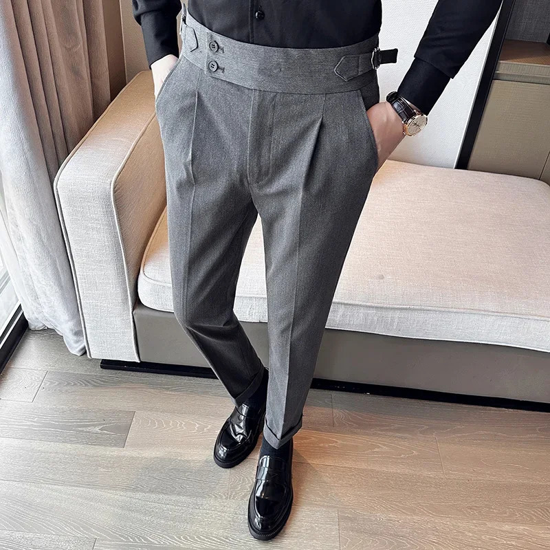 Autumn Winter High Waist Business Dress Pants Men Casual Belt Design Slim Suit Formal Wedding Social Party Male Trousers 240806