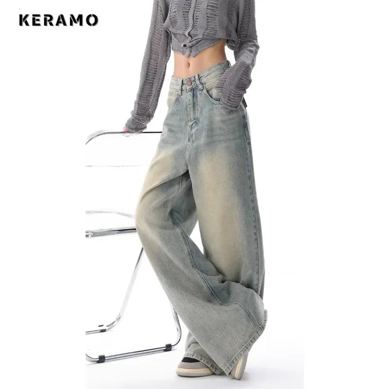 Korean Vintage Casual Waist High Strt Style Light Blue Straight Jeans Pants Womens Wide Leg Baggy Y2K Denim Trouser Z260313
