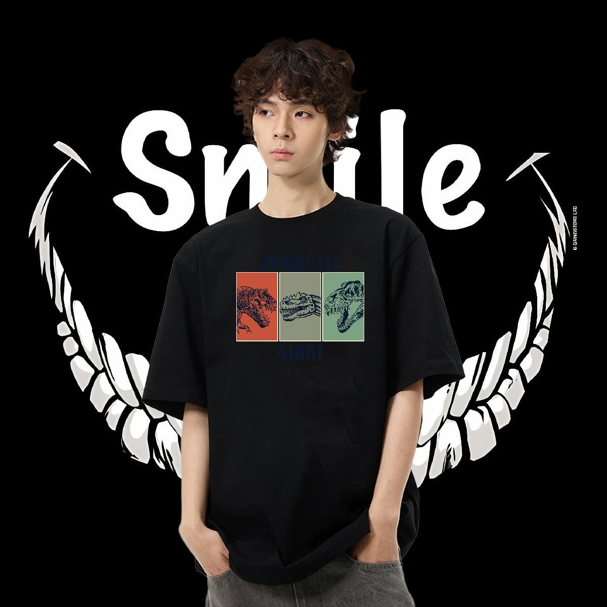New Men T Shirts 230g Pure Cotton dinosaur Street wear Hip Hop Tops Shirt Breathable Crew Neck Loose Fit Men Tees Oversized