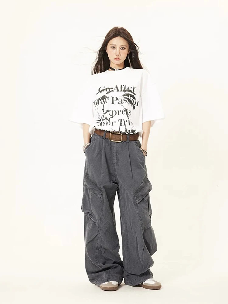 Spring Cargo Jeans American Street Style Baggy Cargo Pants Women Multi-pocket Wide Leg Jeans 240806