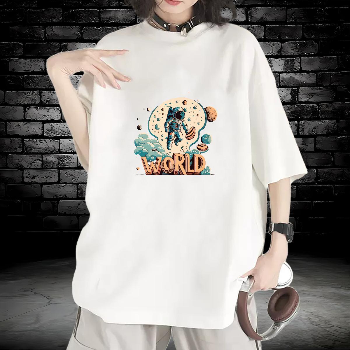 Unisex T Shirt For Woman O-Neck Short Sleeve Women Tees White Plus Size spaceman Street Wear 230g 100% Cotton New Arrival Clothings