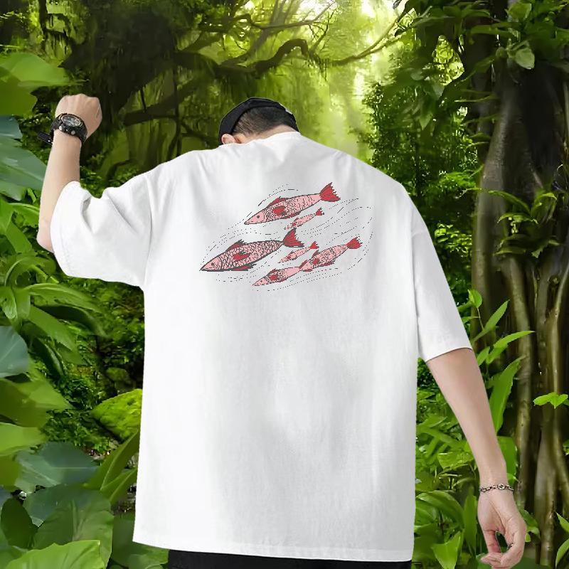 Fashion Designer T shirt 100% Cotton 230g fish Hip Hop Tops O Neck Short Sleeves Loose Fit Tshirt for Man Woman DIY Printed
