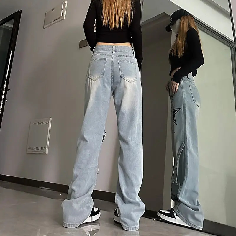 Harajuku Vintage High Waist Jeans Streetwear Women Clothing Y2k Patchwork Stars Prints Wide-leg Pants Casual Cargo Jeans 240806