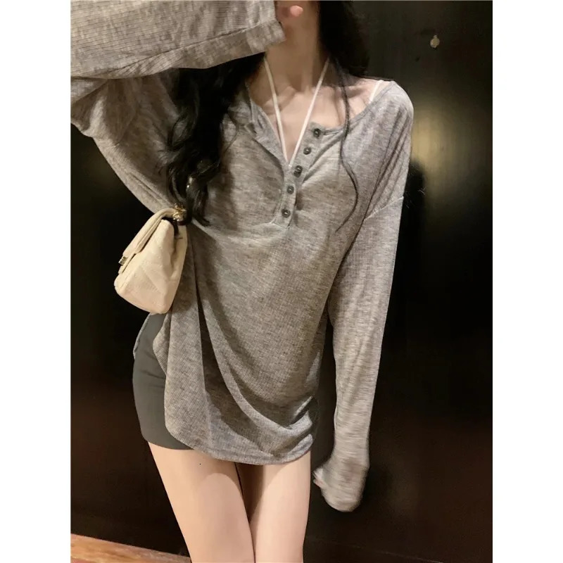 Korean Series Pure Desire Gyaru Thin T-shirt Women Summer Fashion Sun Protection V-neck Long sleeve Cover up Loose Top 240806