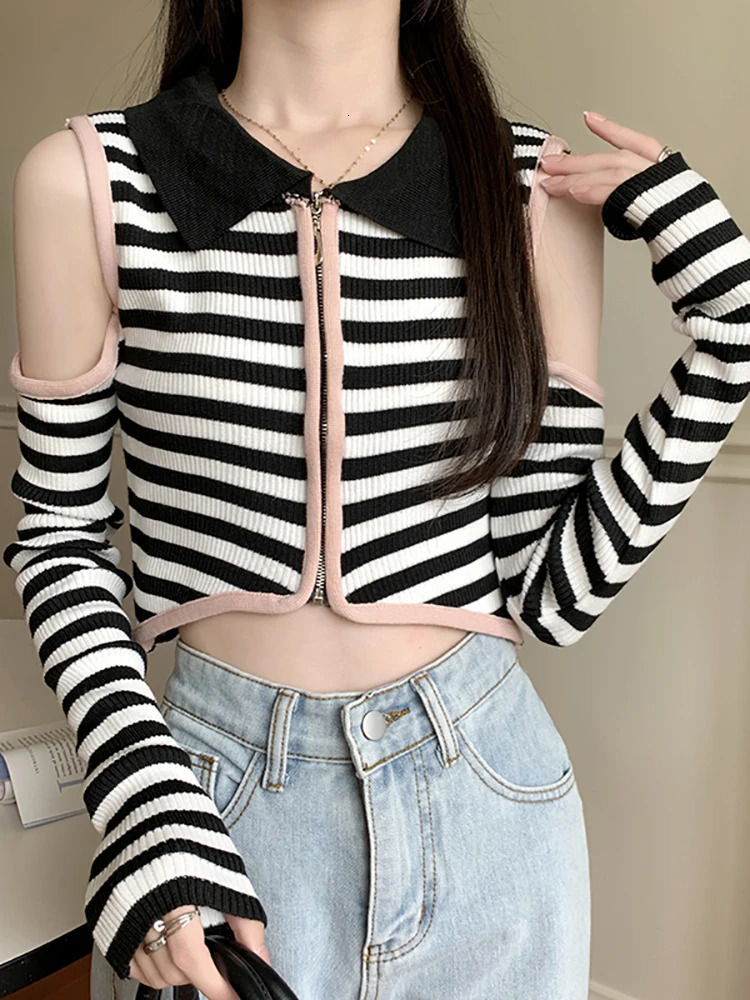 ITOOLIN Y2K Women Sexy Off Shoulder Long Sleeve T-shirts POLO Neck Stripe Knitwear Womens Stripe Zipper Tops 240806