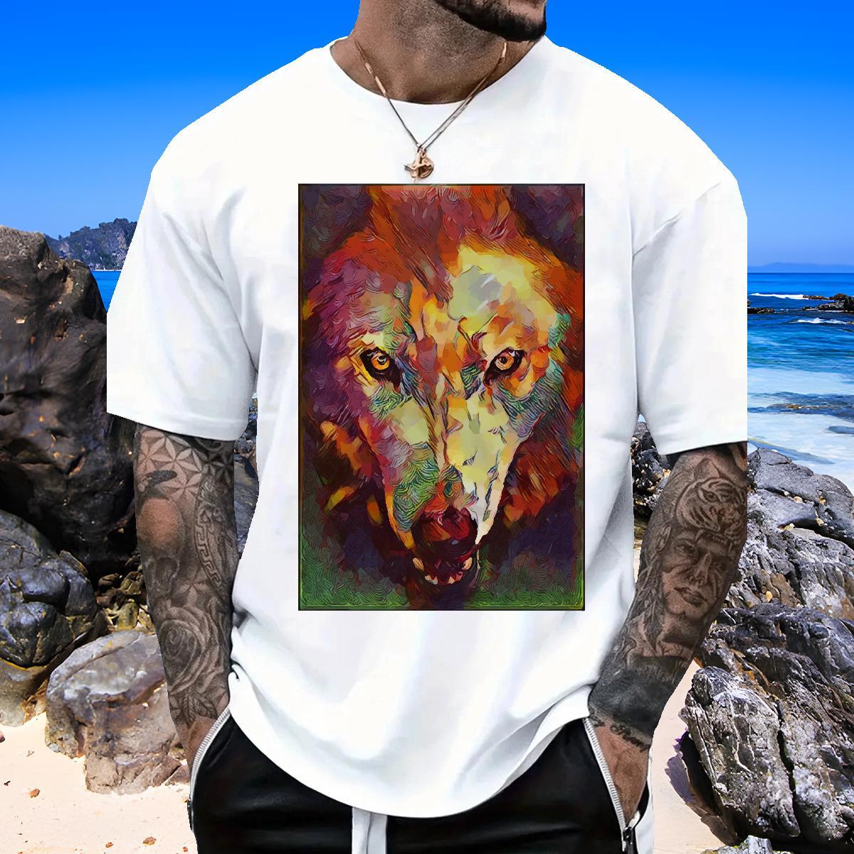 Classic Men Tops Tees 100% Cotton 230g wolf T-Shirts Daily Outfit Breathable Crew Neck Black White Classic Casual Clothes