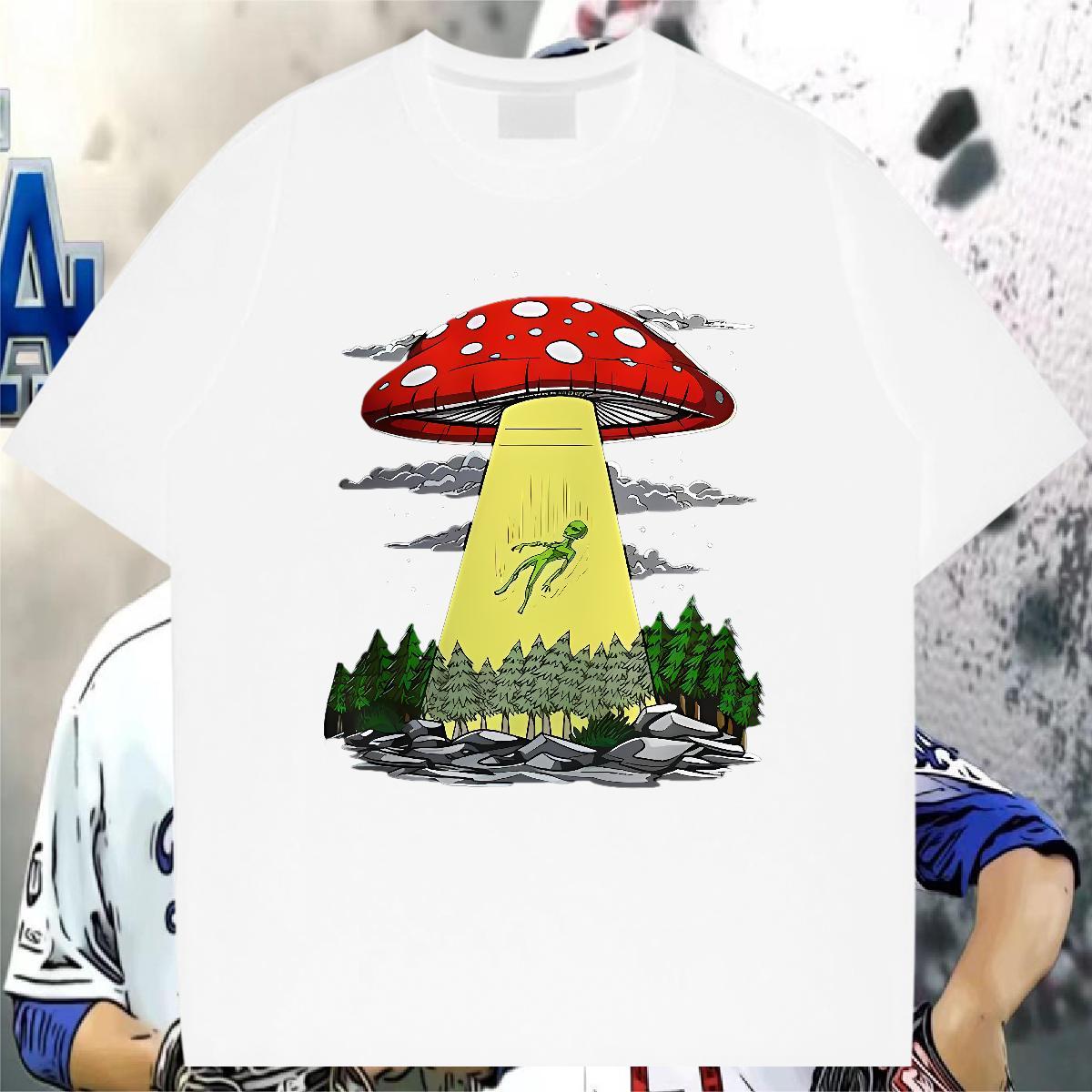 Man T Shirts 230g 100% Cotton mushroom Casual Beach Breathable Short Sleeve Plus Size Cartoon Mens Tshirts 2024 Soft Clothings