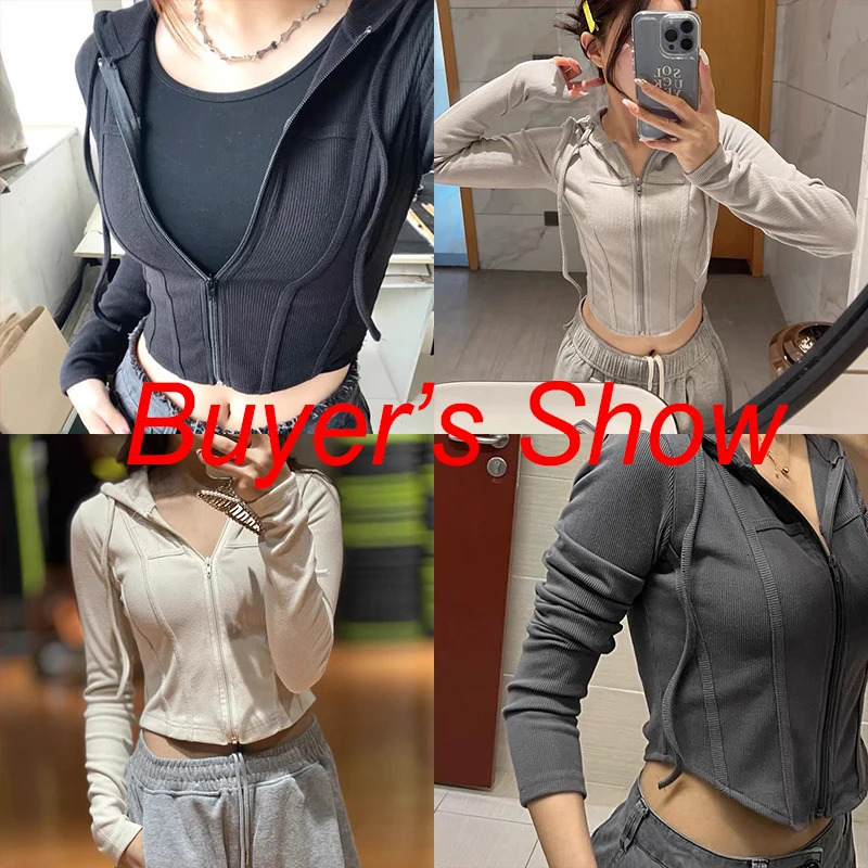 Streetwear Slim Fit Cropped Jacket Women Korean Fashion Long Sleeve Hooded Crop Top Woman Wild Ribbed Zipper Up Sweatshirt Mujer 240806