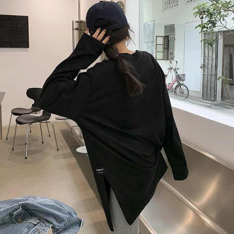 Womens Solid Color Split Long-Sleeved T-Shirt Korean Spring And Autumn Ladies Casual Loose Tops Bottoming White Shirts 240806
