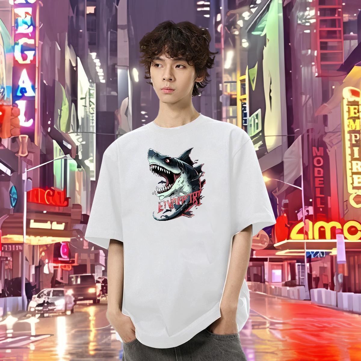 New Arrival Men T Shirts 230g Cotton shark Outdoor Tops Tees Breathable Crew Neck Cool Design Tshirts Cartoon Printing L-4XL