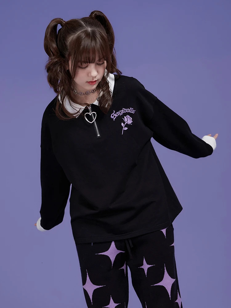 Black Sweet Cool Rose Loose Embroidered Long Sleeve Polo Loose Casual Cute T-shirt Autumn Top Tshirt Y2k Clothes Accessories 240806