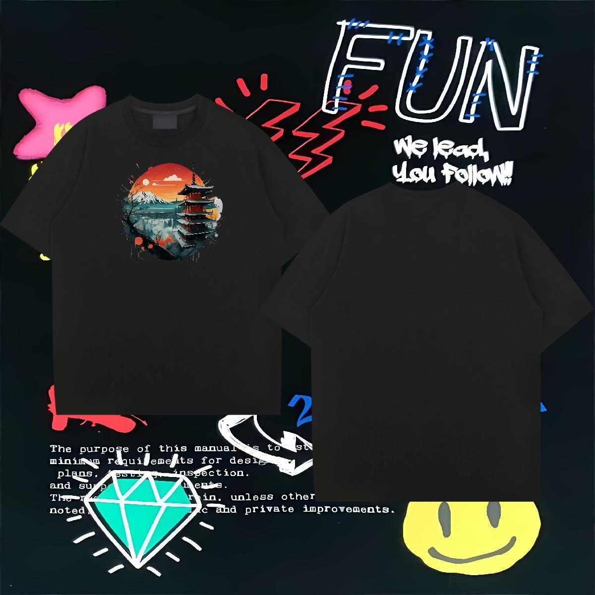 Classic Casual T-Shirts 230g Cotton Tower Casual Beach Tops Short Sleeve O-Neck Designer Men Clothes T-Shirt Cartoon Print
