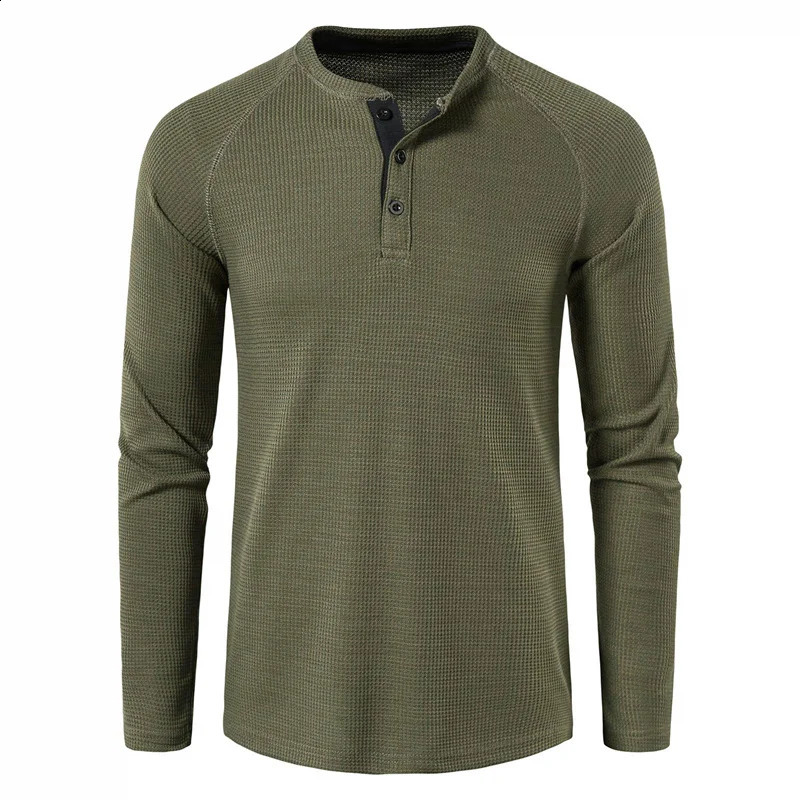 Fashion Waffle Cotton T Shirt Men 2024 Autumn Slim Fit Long Sleeve Henley Tshirt Streetwear Casual Solid Color TShirt 240815