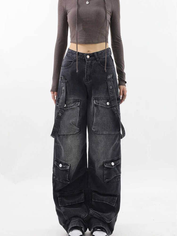 Women Vintage Black Gothic Cargo Jeans Y2k Wide Leg Denim Pants Oversize 2000s High Waist Jeans Korean Baggy Trousers 90s Jeans 240806