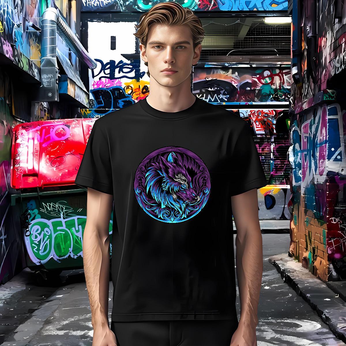Fashion T-Shirts for Men 230g Cotton wolf Anime Printing Street Tees Shirts Short Sleeve O-Neck TOP Quality Couples T Shirts Floral Print