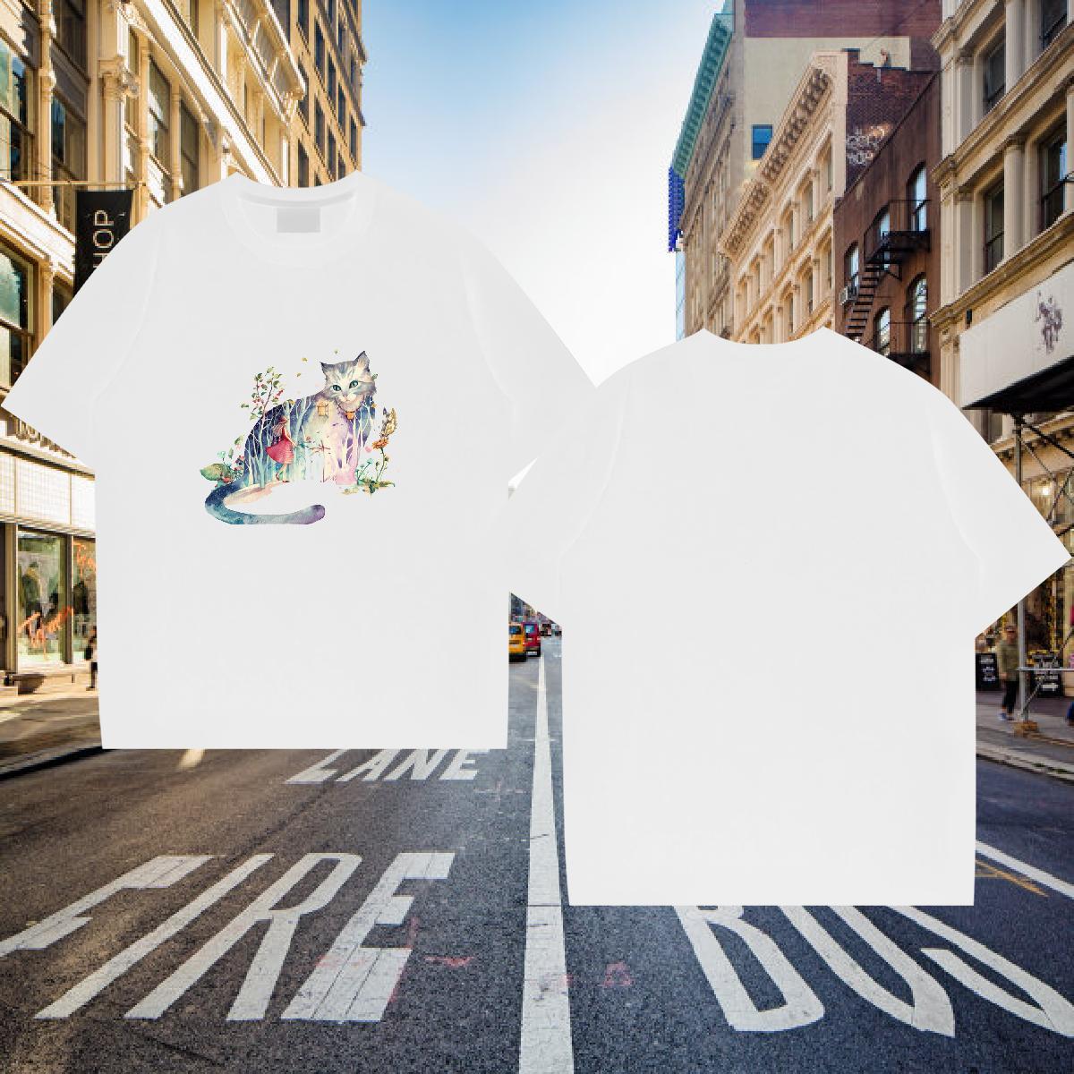 T Shirts Men 230g Cotton cat Casual Beach Short Sleeve O-Neck Black White Men Tops Tees 2024 Summer Wholesale Tops Shirt