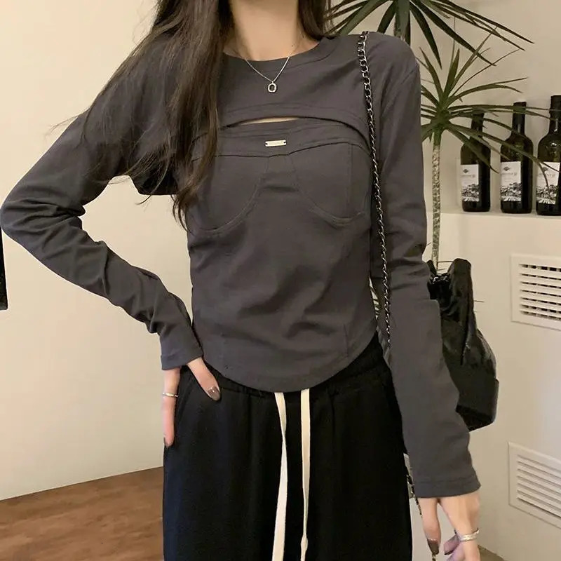 Spring Autumn Slim Solid Color T-Shirts Women High Street Casual Round Neck Long Sleeve Pullovers Elegant All-match Tops 240806