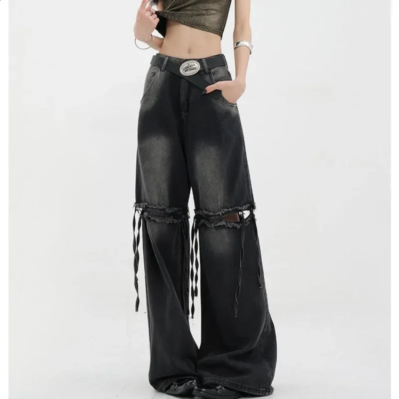 QWEEK Y2k Baggy Ripped Jeans Women Vintage Harajuku America High Waist Black Denim Pants Korean Wide Leg Streetwear Trousers 240806