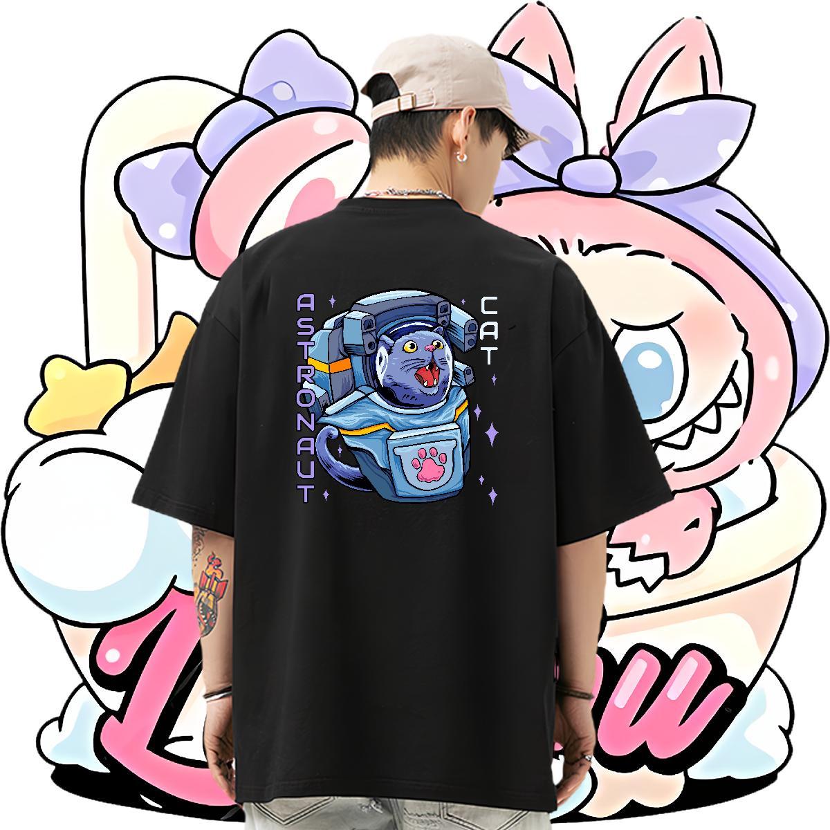 New Men T Shirts 100% Cotton 230g cat Street Tops Shirt O Neck Short Sleeves Cool Men Tops Tees Oversized