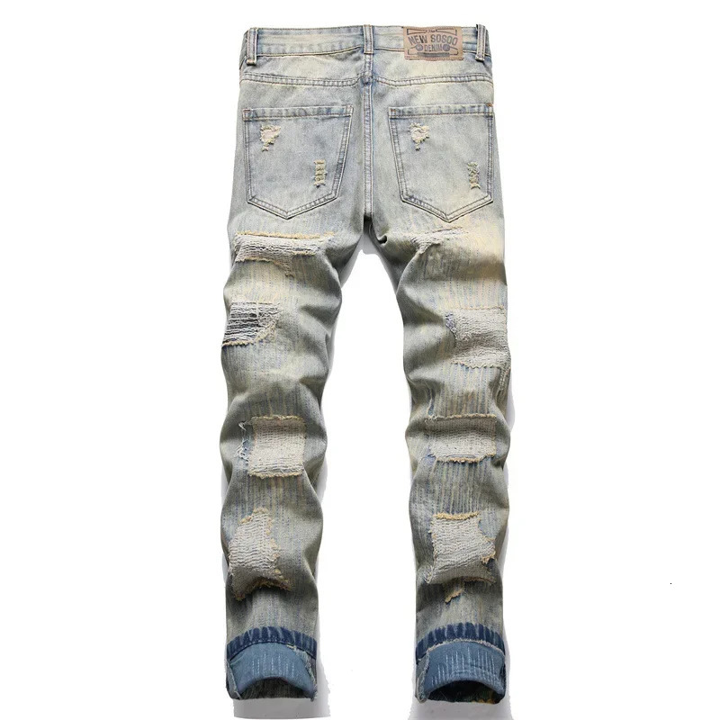 Spring Vintage Ripped Denim Jeans Mens Straight Leg Fashion Slim Fit Blue Stretchless Casual Streetwear 240806