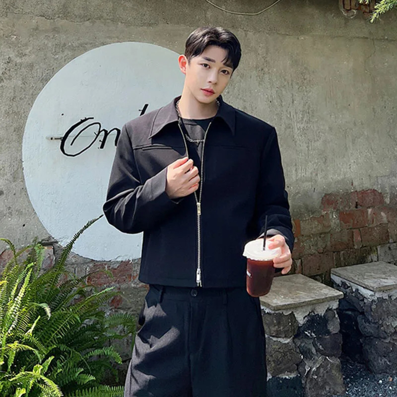 IEFB Trend Mens Jacket Korean Fashion Double Zipper Short Coat Fashion Solid Color Collar Mens Top 9A6760240806