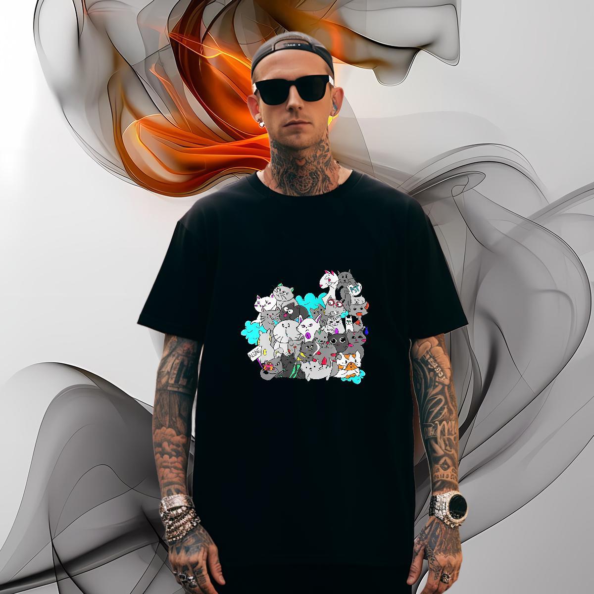 T-Shirts for Men 230g 100% Cotton cat Anime Printing Street Crew Neck DIY Anime Tshirts Fashion Casual Cool Design Wear