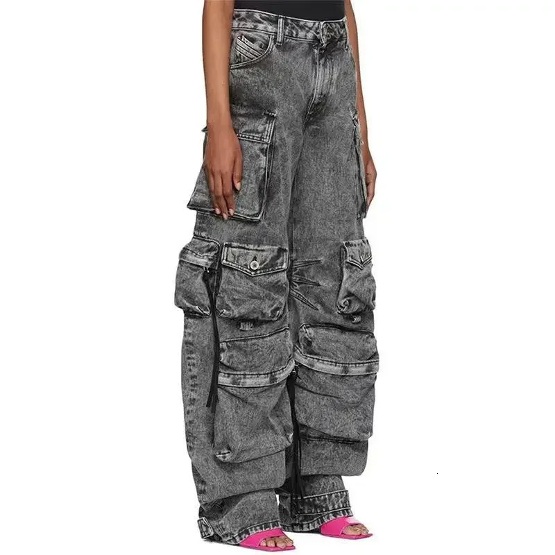 Womens Grey Jeans Multiple Pockets Fire Distressed Long Wide Leg Streetwear Waterwashed Denim Pants 240806