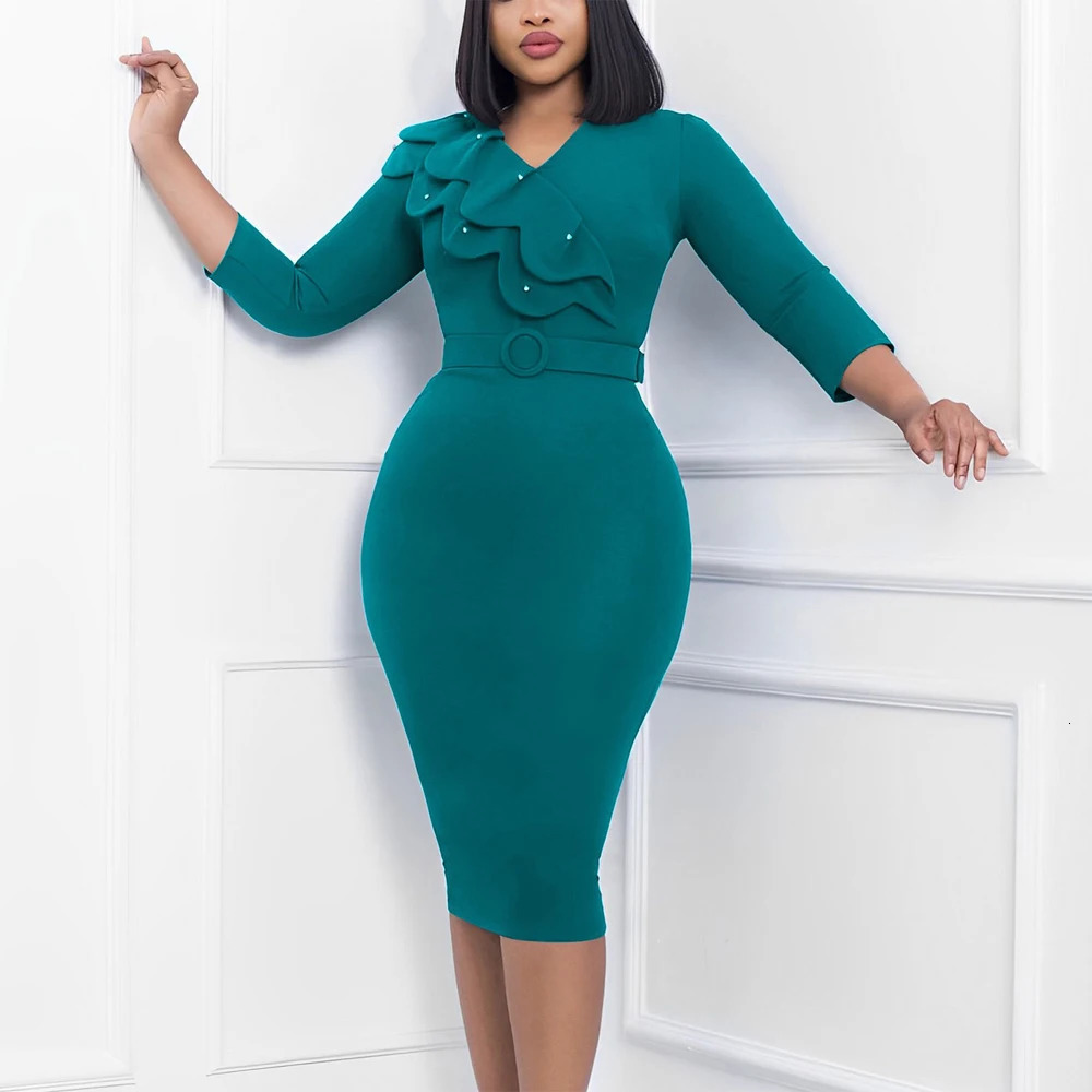 Elegant Office Dresses for Women V Neck Full Sleeve Ruffles Belt Waisted Package Hips Mid Calf Professional Work Dress Midi Robe 240806