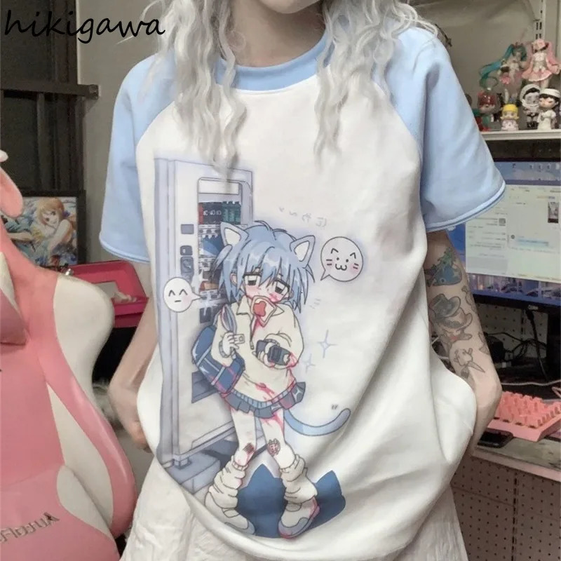 Japanese Oversized T Shirt Women Clothing Cute Anime Print Fashion Y2k Tops Ropa Mujer Casual Long Sleeve Summer T-shirts 240806
