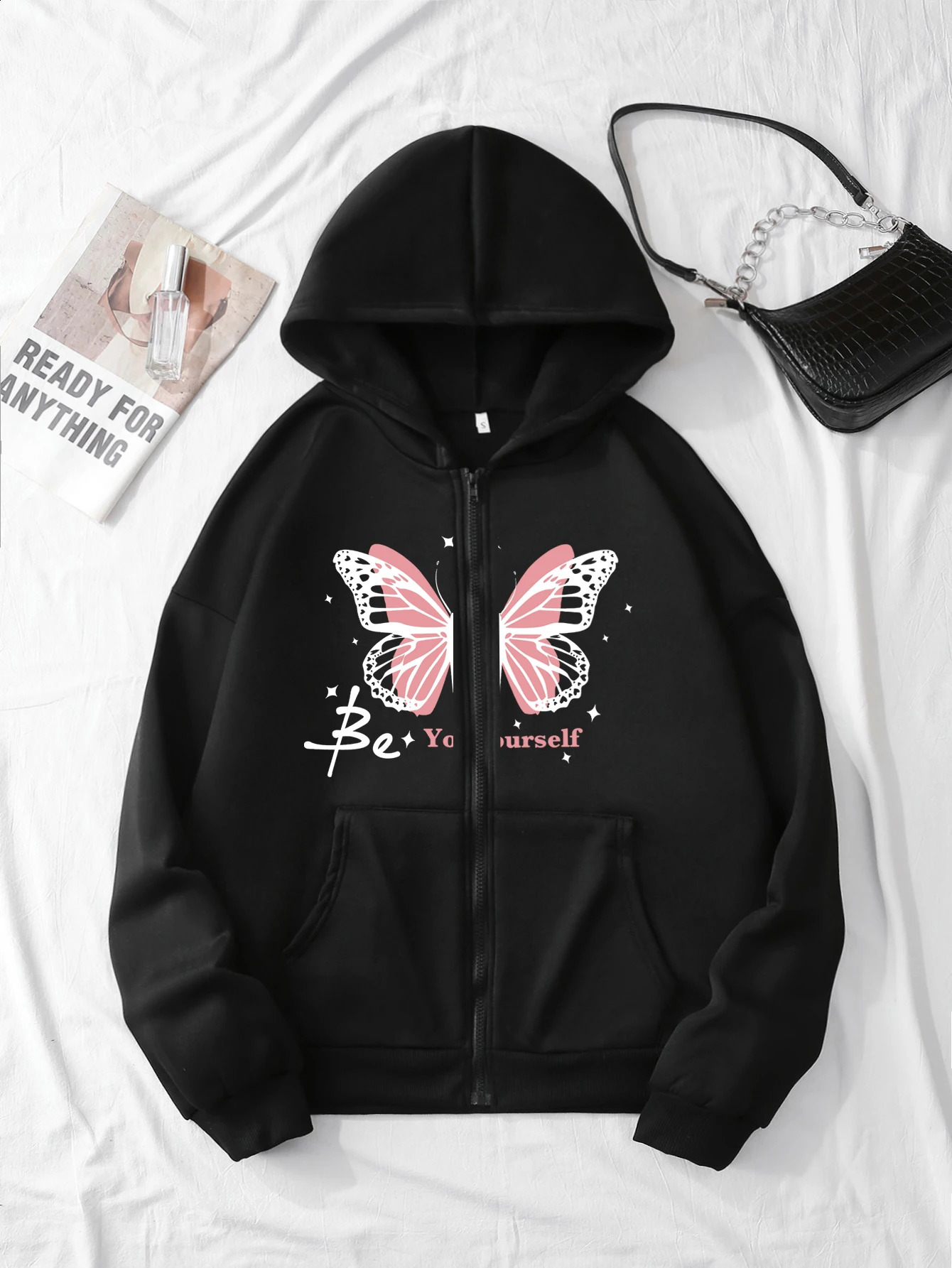 Autumn Winter Loose Women Hoodies Gothic Harajuku Y2k Clothes Butterfly Be Yourself Print Zip Up Thermal Cardigan Coat 240805