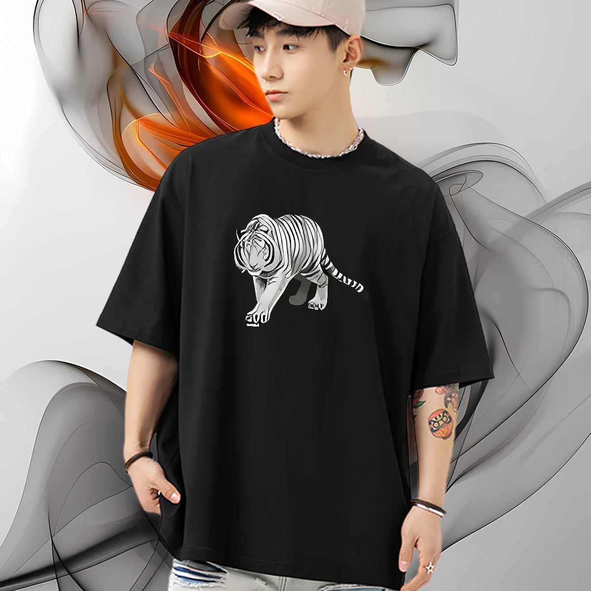 DIY Customized Mens T Shirts 230g 100% Cotton tiger Street wear Hip Hop Tops Crew Neck Breathable Cool Mens Tshirts DIY Logo Oversized
