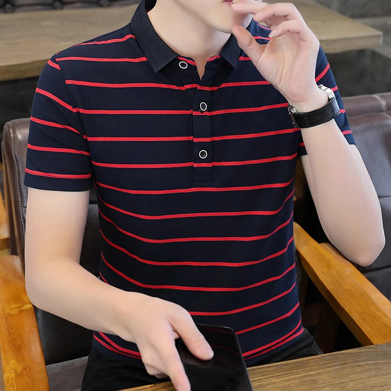 Basic Striped Short Sleeve Polo Shirts Mens Clothing Commute Casual Turn-down Collar Summer Contrasting Colors Slim T-shirts 240806