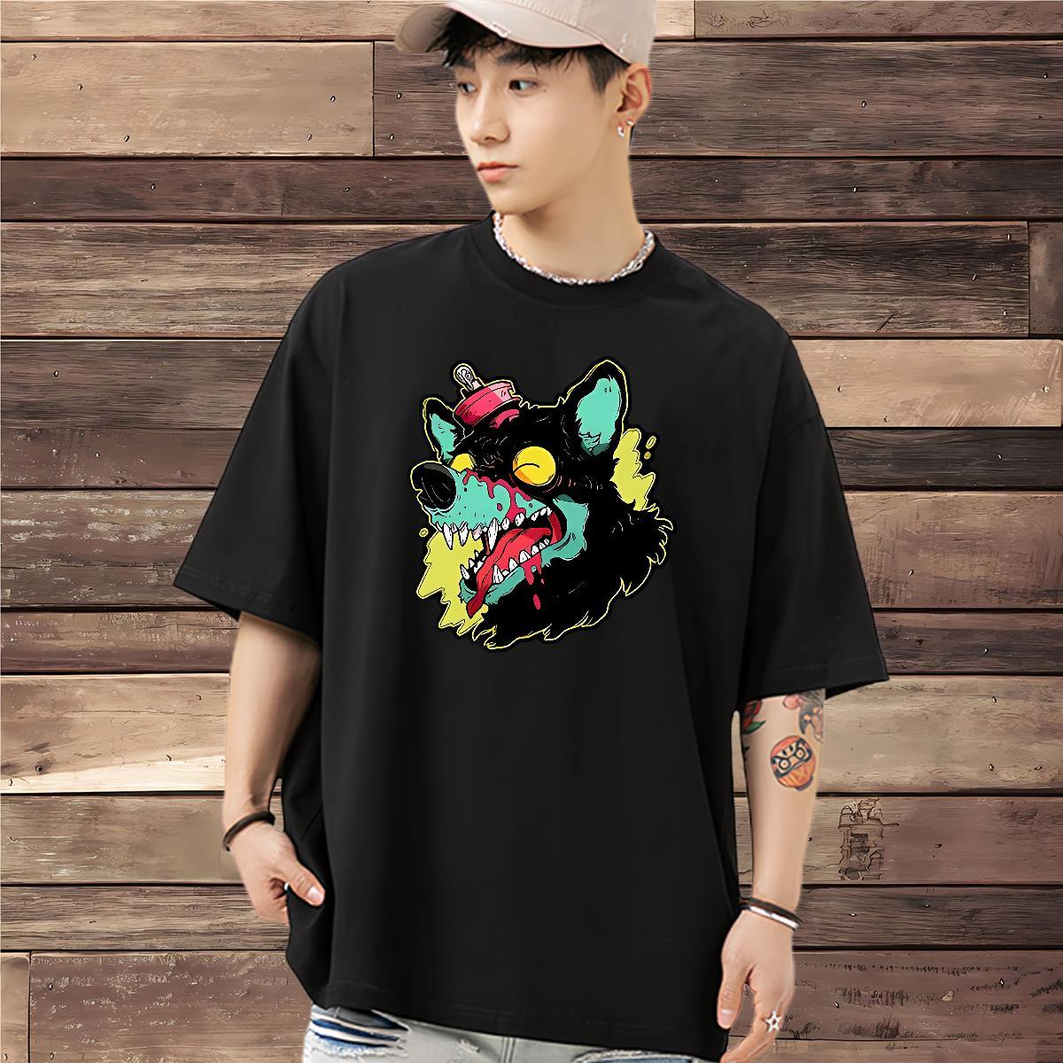 Classic T-Shirts for Men 100% Cotton 230g wolf Outdoor Tops Crew Neck Breathable Soft Men Tops Tees Anime Print