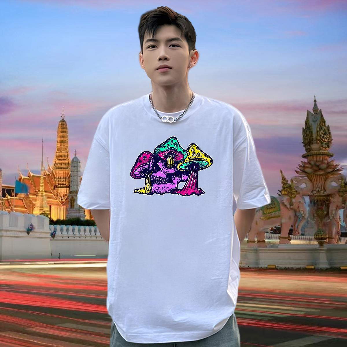 2024 New Men T Shirts 230g Cotton mushroom Street Clothings Breathable Short Sleeve Loose Men Tops Tees DIY Printed