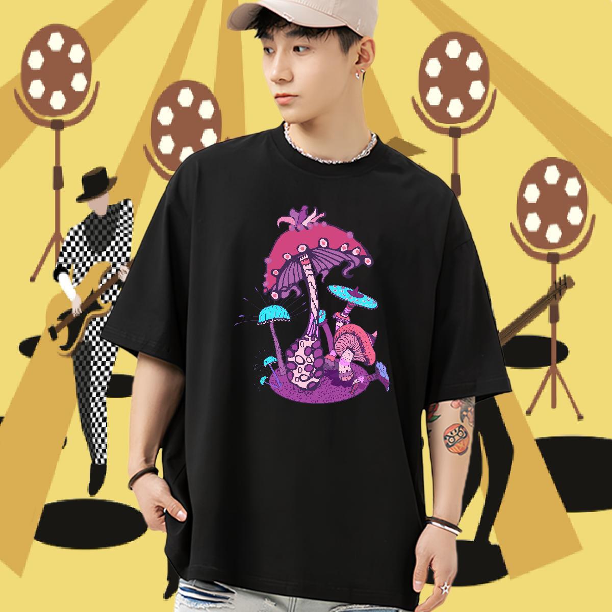 Fashion Casual T Shirts Men 100% Cotton 230g mushroom Street Tee Shirt Round Neck Short Sleeve Popular Men Tees Cartoon Printing L-4XL