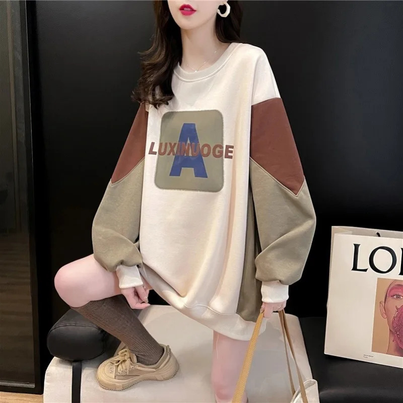 Womens Autumn and Winter Fashion Elegant Round Neck Pullover Print Panel Casual Long Sleeve Loose Sweater Mid Length Tops 240806