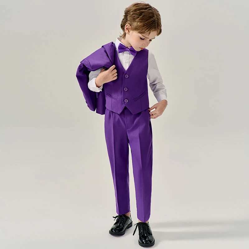 Suits Child Purple Formal Slim Fit Suit Set Boys Wedding Birthday Performance Photography Costume Kids Blazer Vest Pants Bowtie Outfit