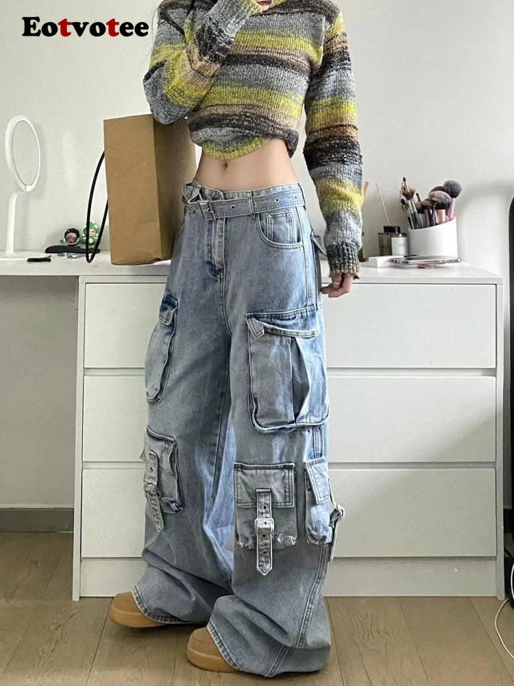 EOTVOTEE Women Casual Jeans American High Waist Street Style Baggy Cargo Pants Y2k Wide Leg Jeans Multiple Pockets Jeans 240806