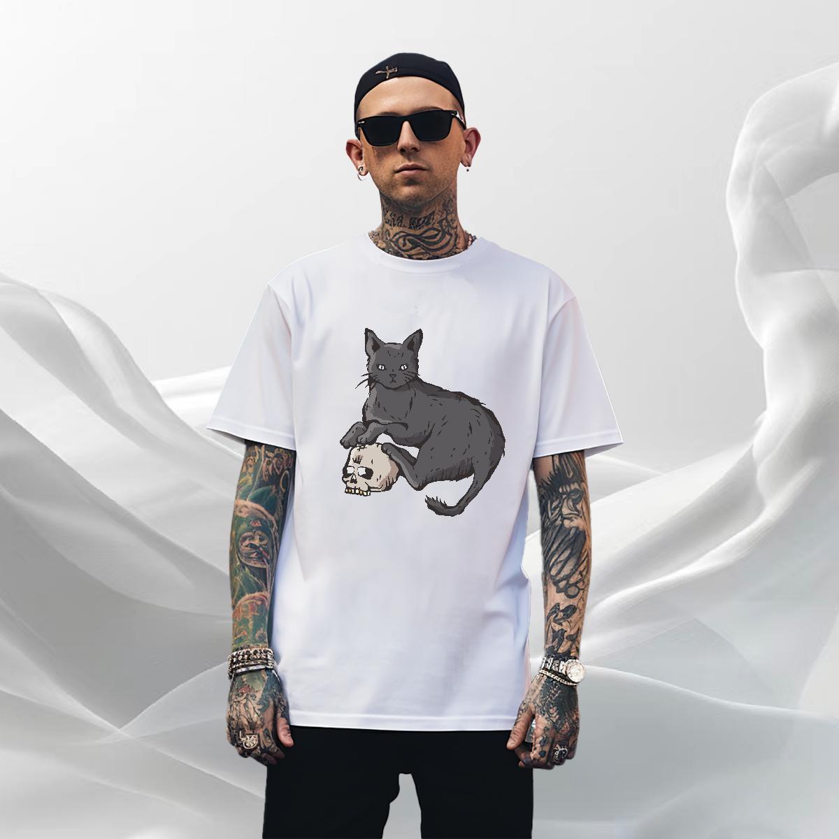 Soft Men Tops Tees 230g Cotton Street Casual cat Black Oversized O Neck Short Sleeves Casual New T shirt Tops Shirt