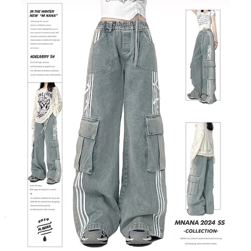 Womens Bow Y2k Cargo Jeans Harajuku Baggy Denim Trousers Aesthetic Jean Pants Vintage Japanese 2000s Style Trashy Clothes 240806