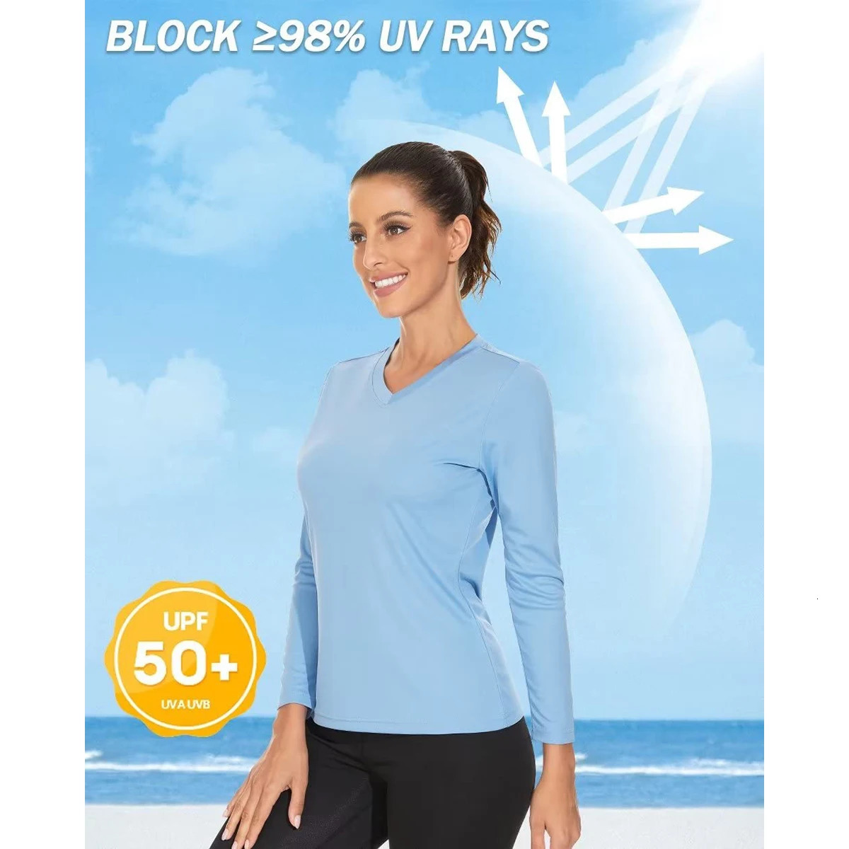 MAGCOMSEN Summer Womens Sun Protection V Neck Hiking Shirts Lightweight UPF50 Long Sleeve Quick Dry T-shirts Outdoor Pullovers 240806