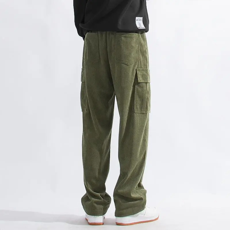American Vintage Autumn Corduroy Casual Work Pants Mens Solid Elastic Waist Pocket Patchwork Drawstring Loose Straight Trousers 240806