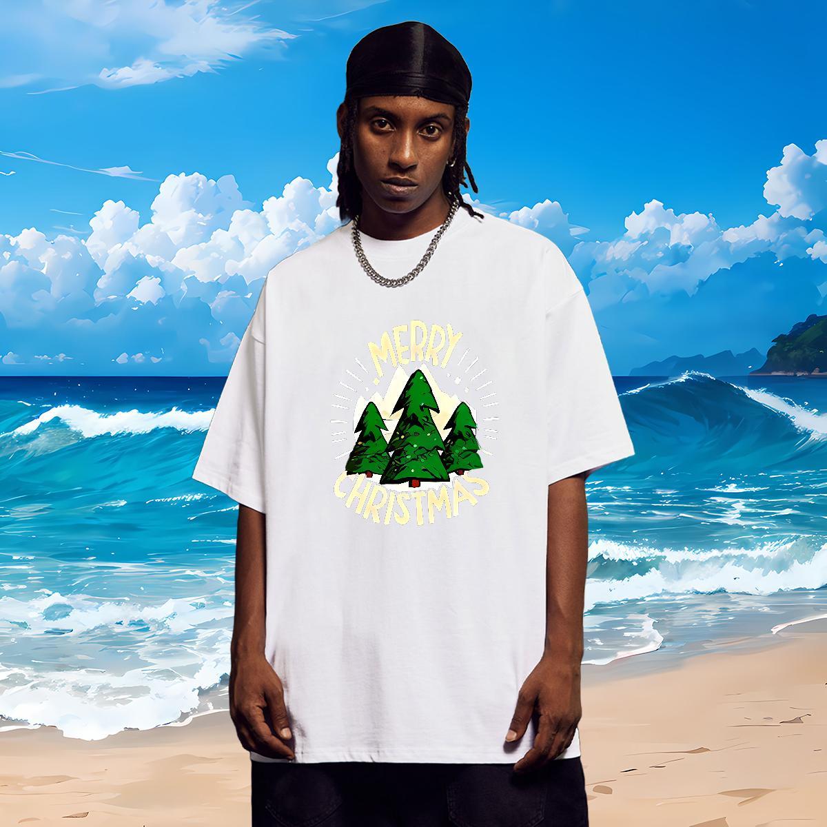 Fashion Casual T-Shirts for Men 100% Cotton 230g Christmas Street wear Hip Hop Tops Shirt Short Sleeve O-Neck Loose Tshirts DIY Printed